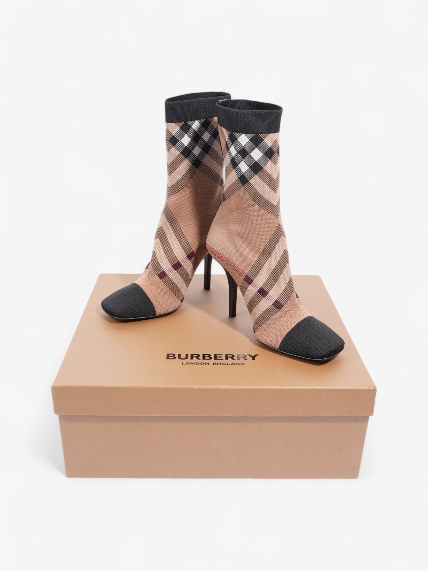 Burberry Vintage Check Sock Ankle Boots 90 Brown / Black / White Fabric EU 37 UK 4