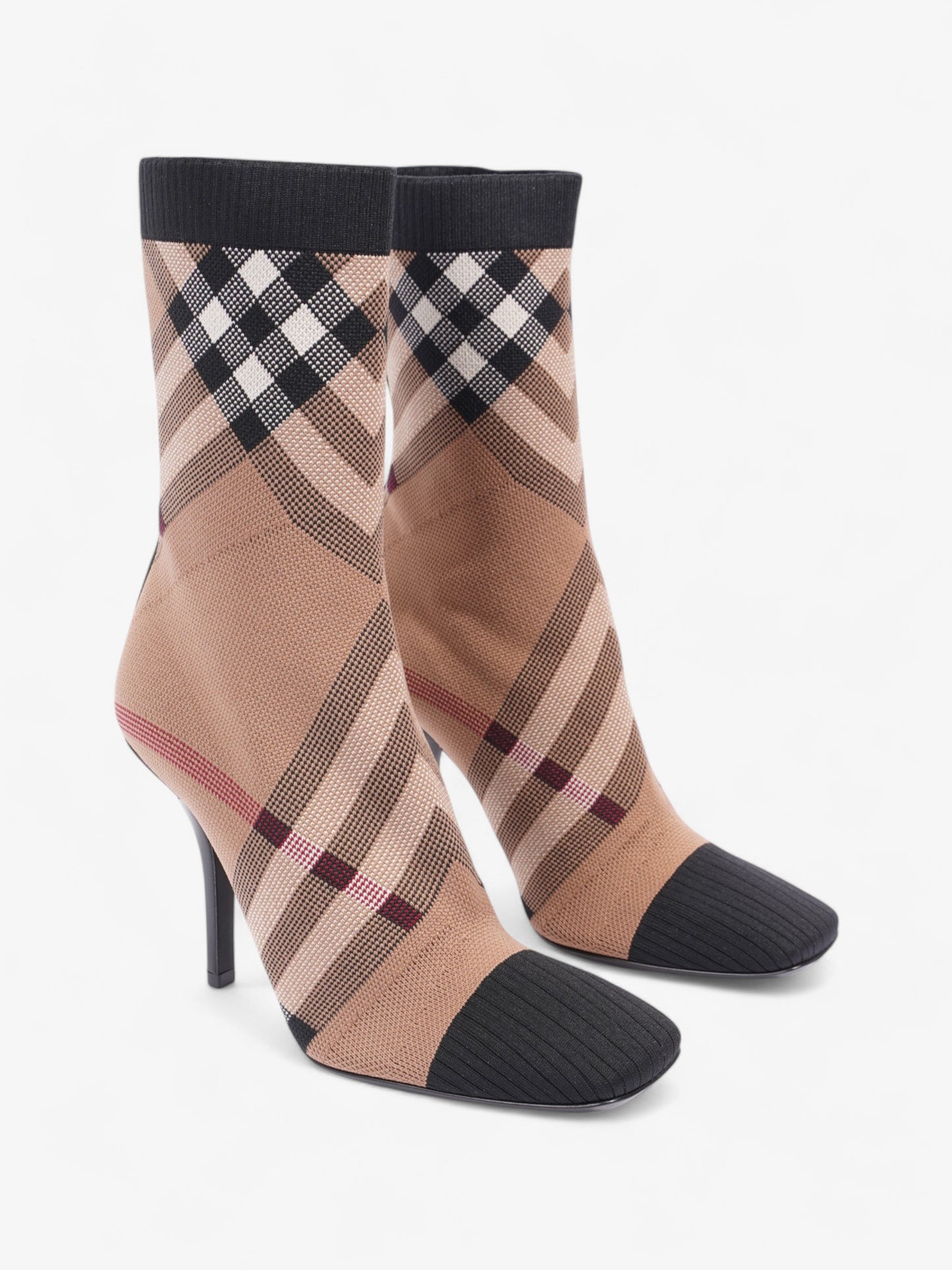 Burberry Vintage Check Sock Ankle Boots 90 Brown / Black / White Fabric EU 37 UK 4