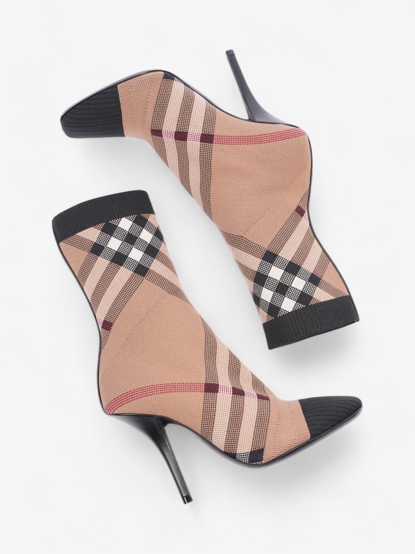 Burberry Vintage Check Sock Ankle Boots 90 Brown / Black / White Fabric EU 37 UK 4