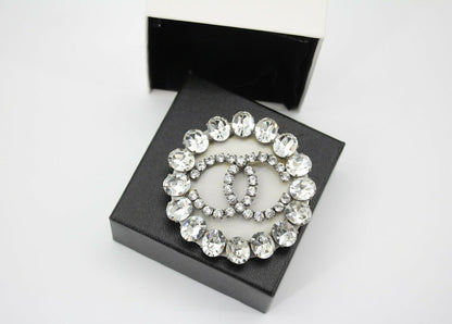 Chanel Vintage 00A Rhinestone Silver CC Large Round Brooch