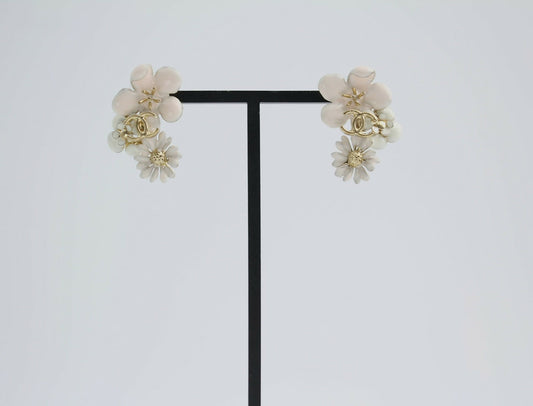 Chanel 10P Enamel Pink Camellia & Chrysanthemum Stud Earrings