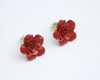 Chanel Vintage 04P Resin Red Layered Flower Clip-on Earrings
