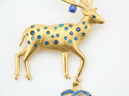 Chanel Vintage 01A Rhinestone Blue Golden Green Reindeer Brooch