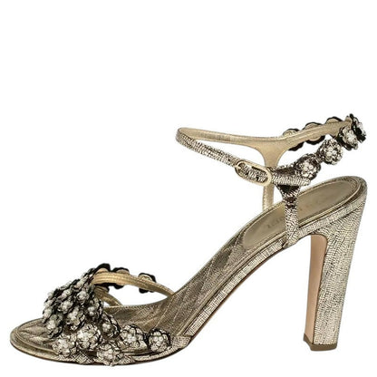 Chanel Gold Metallic Leather Camellia Pearl Sandals Heels EU 38.5C