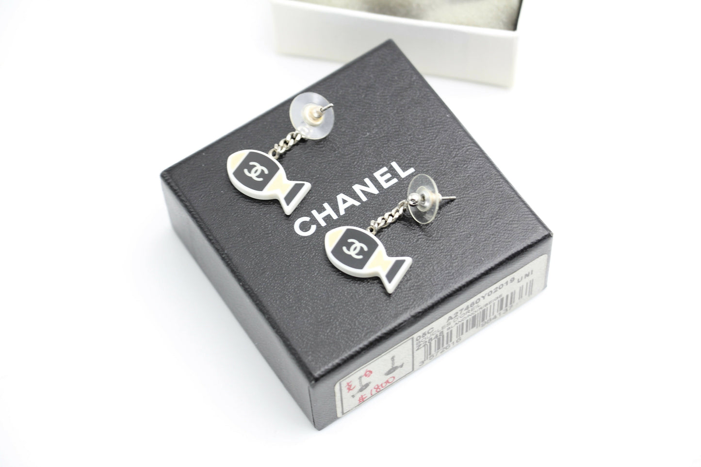 Chanel Vintage 05C Resin Black and White Fishes Stud Earrings