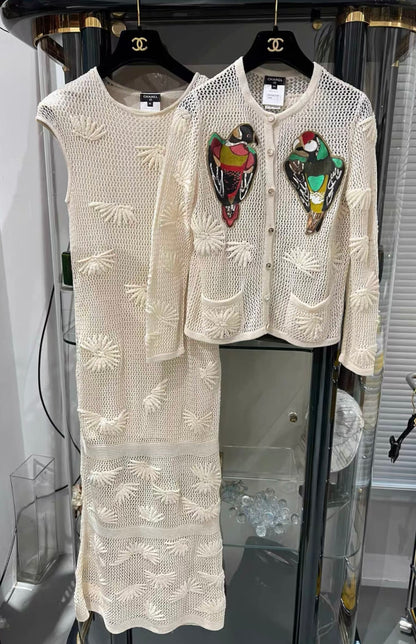 Chanel 17C crochet dress with parrot cardigan three pieces suit
