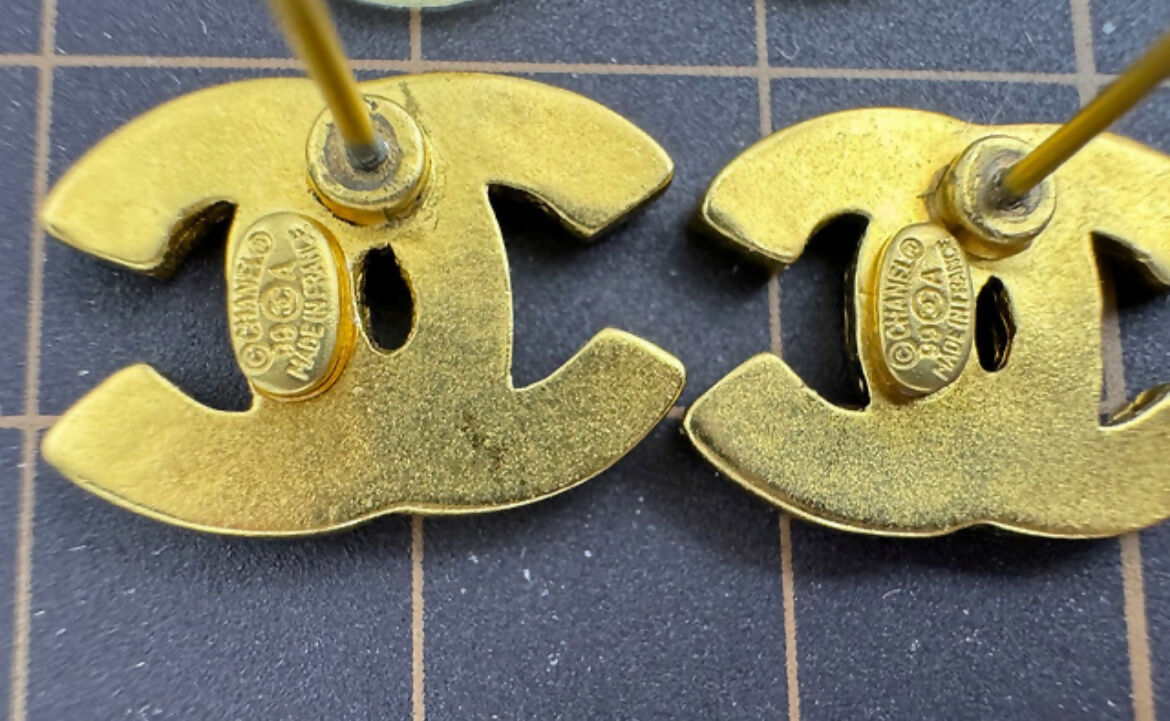 Chanel Vintage 99A Gold-Plated Cambon Collection ‘CHANEL’ Stud Earrings