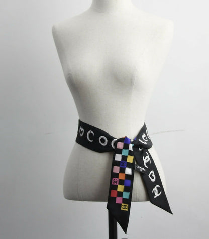 CHANEL 100% Silk Twilly Checkered Pattern CC Logo Scarf in Black and Multicolour