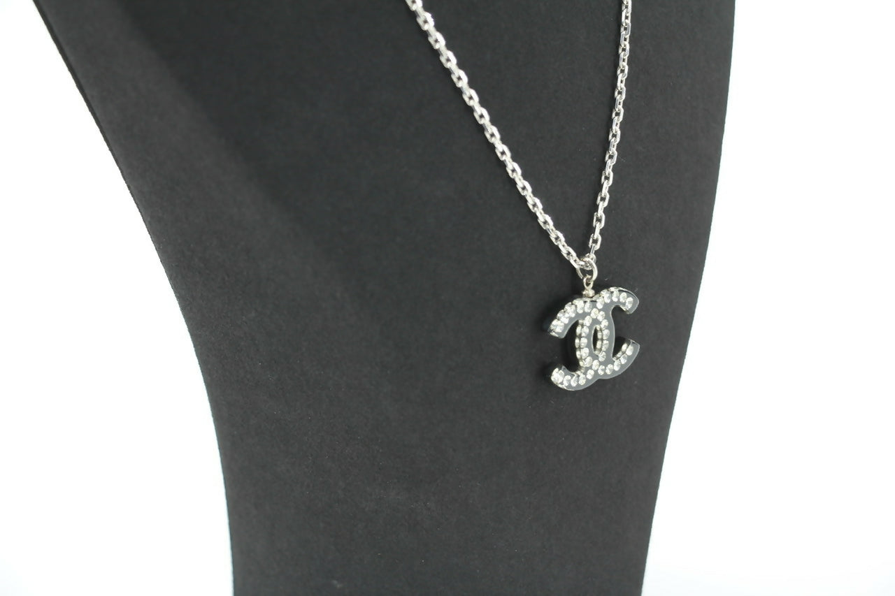 Chanel Vintage 05P Acrylic Transparent Rhinestone Black CC Double-Sided Necklace
