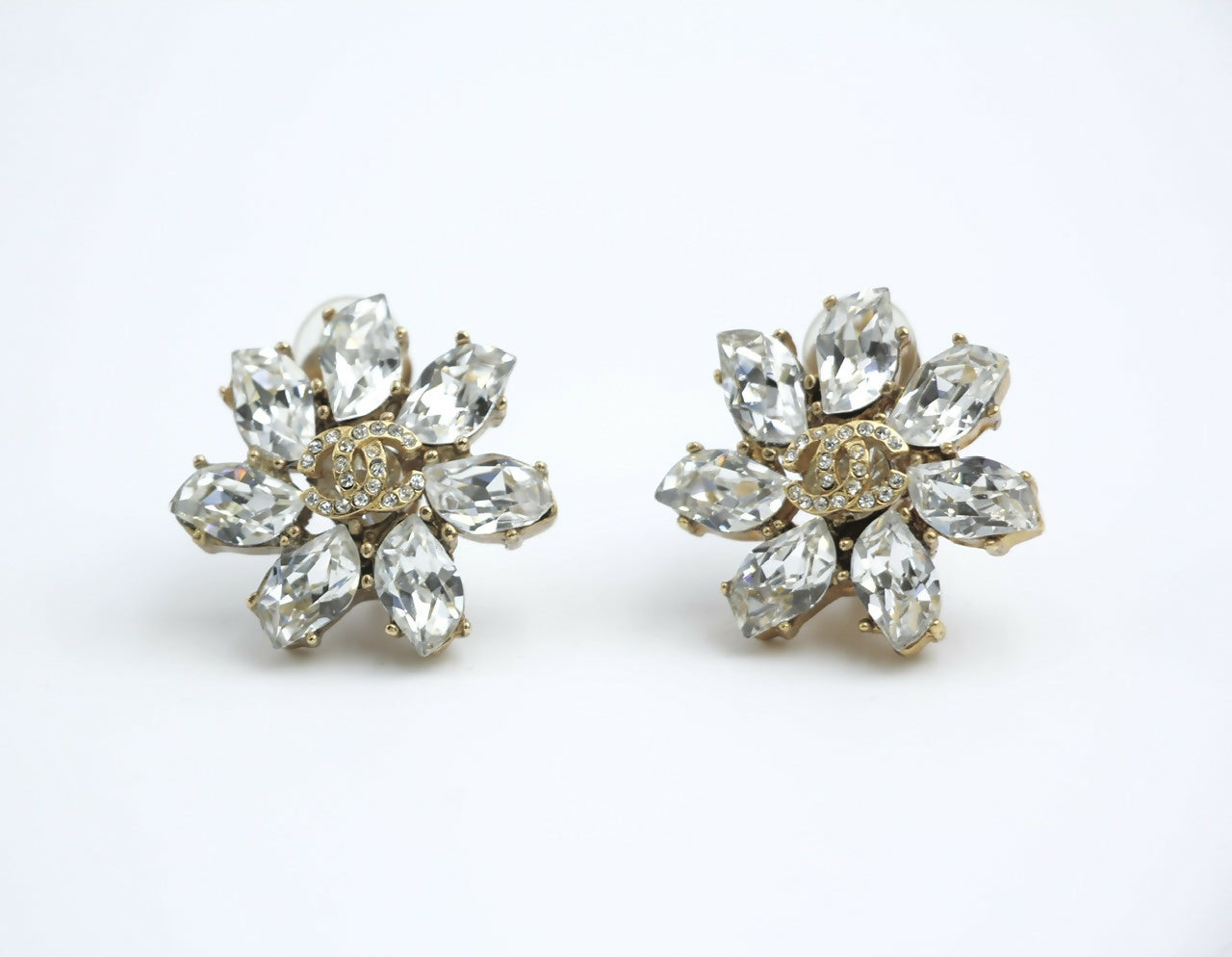 Chanel Vintage 02A Rhinestone Sparkling Ice Crystal Flower Clip-on Earrings