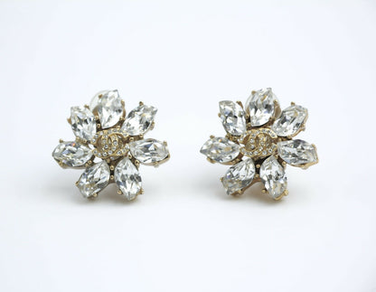 Chanel Vintage 02A Rhinestone Sparkling Ice Crystal Flower Clip-on Earrings