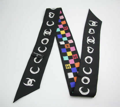 CHANEL 100% Silk Twilly Checkered Pattern CC Logo Scarf in Black and Multicolour