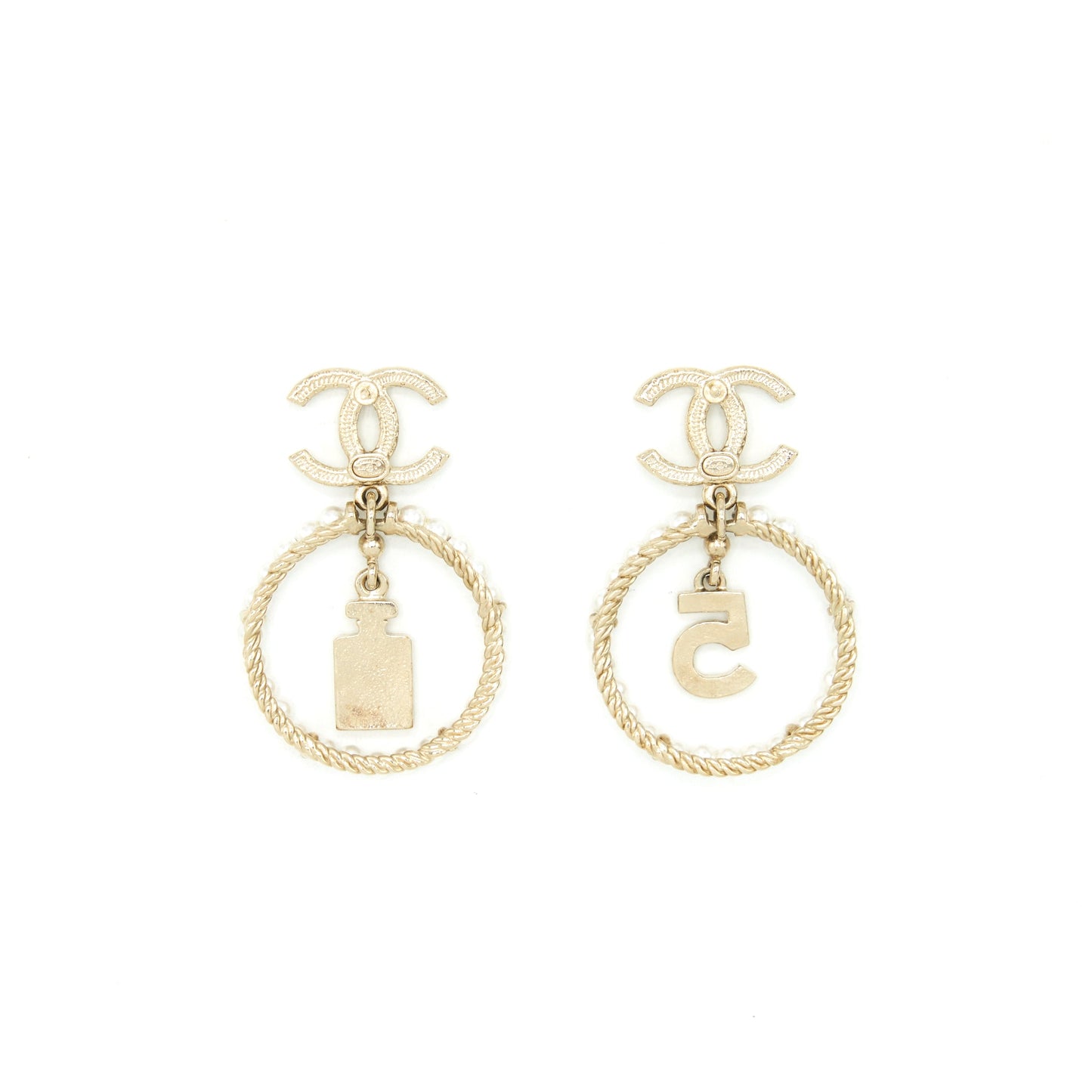 Chanel No.5 Perfume And Crystals CC With Pearl Round Earrings