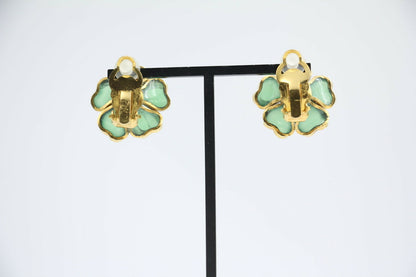 Chanel Vintage 97P Gripoix Jade Light Green Camellia Clip-on Earrings