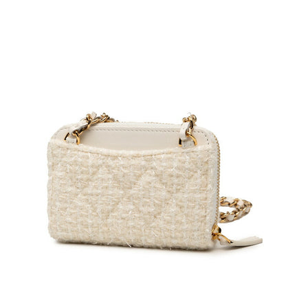 Chanel Coco Mark Ribbon Tweed Leather Chain Wallet Coin Case