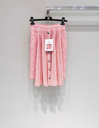 Chanel 21ss ecru pink orange striped tweed skirt