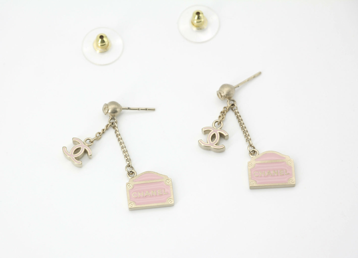 Chanel Vintage 01 Enamel Pink Purse Rue Cambon CC Dangle Stud Earrings