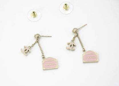 Chanel Vintage 01 Enamel Pink Purse Rue Cambon CC Dangle Stud Earrings
