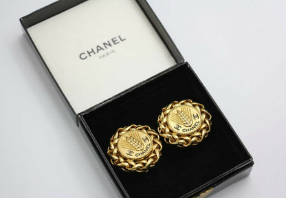 Chanel Vintage 1986 Gold-plated Wheat Ear Lace Large Round Clip-on Earrings