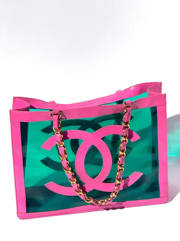 Chanel 1995 Vintage Barbie Pink Patent PVC Chunky Chain Tote Bag