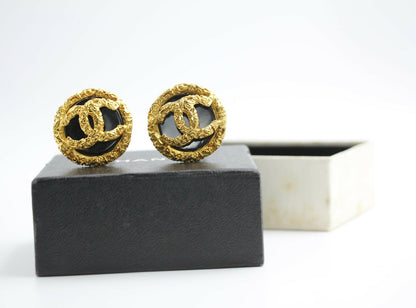 Chanel Vintage 93P Lava Black Gold Clip-on Earrings