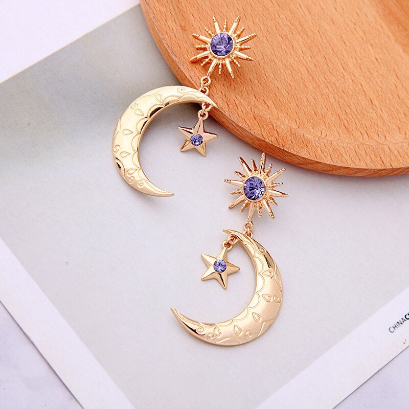 Crystal Crescent Moon & Star Earrings