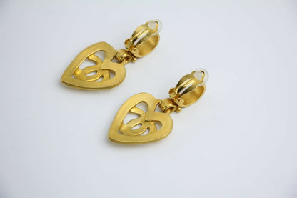 Chanel Vintage 95P Gold-plated Heart-shaped Dangle Clip-on Earrings