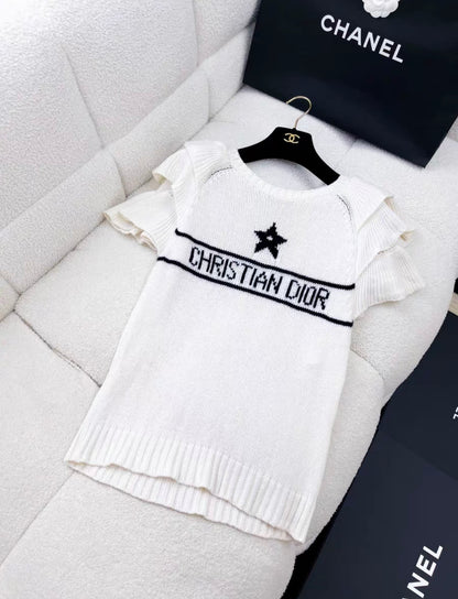 Dior ruffles white cashmere knit lucky star top