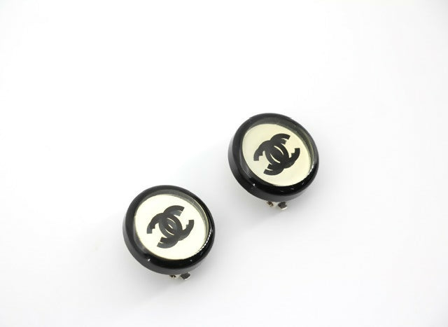 Chanel Vintage 01P Resin Black Hoop Mirror Clip-on Earrings