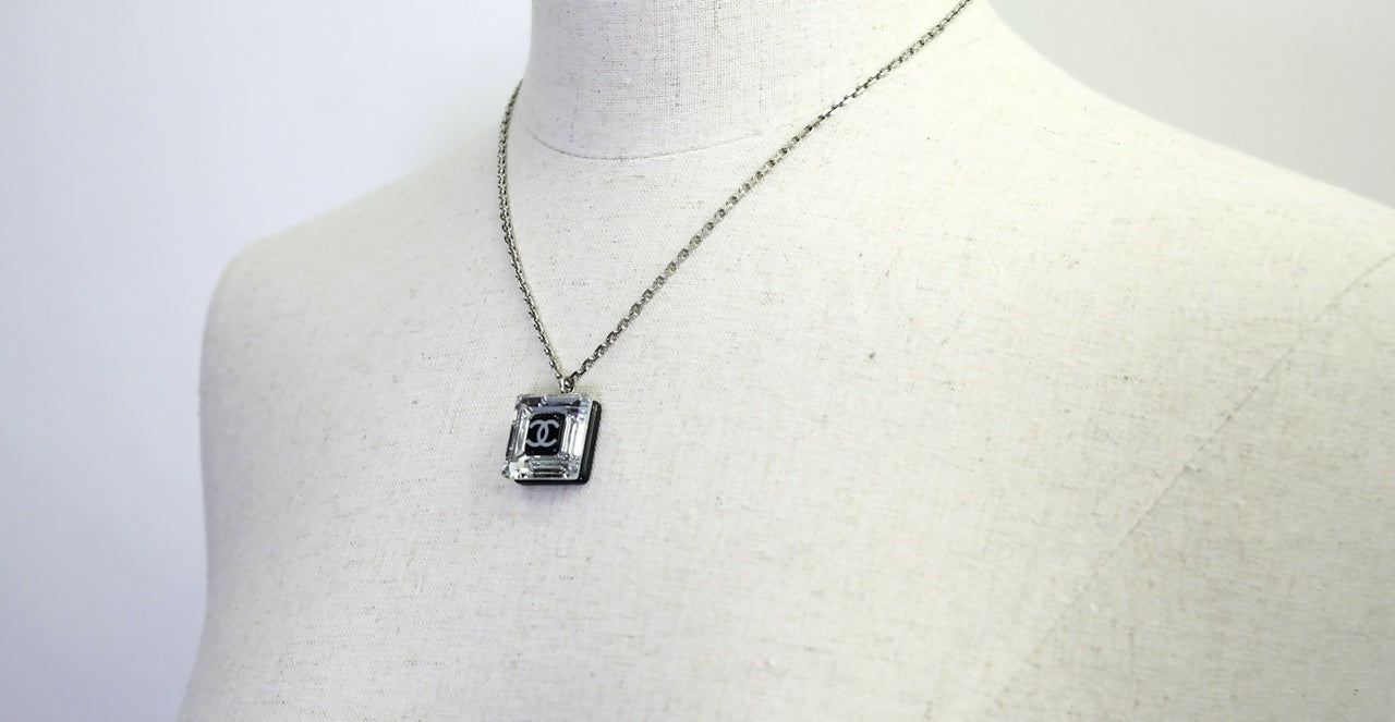 Chanel Vintage 10A Resin Transparent Square Black CC Pendant Necklace