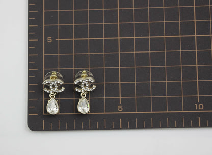 Chanel C19A Rhinestone CC Drop Dangle Stud Earrings