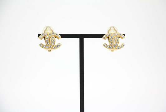 Chanel Vintage 02A Rhinestone Gold-plated CC Mark Clip-on Earrings
