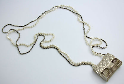 Chanel B21S Imitation Pearl Charm Mini Flap Handbag Leather Chain Long Necklace