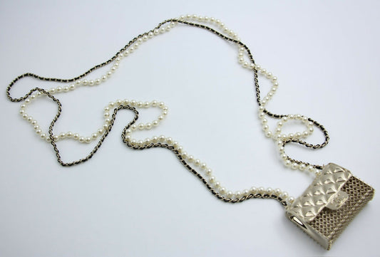 Chanel B21S Imitation Pearl Charm Mini Flap Handbag Leather Chain Long Necklace
