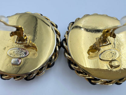 Chanel Vintage 1988 Leather Chain & Rhinestone Clip-on Round Earrings