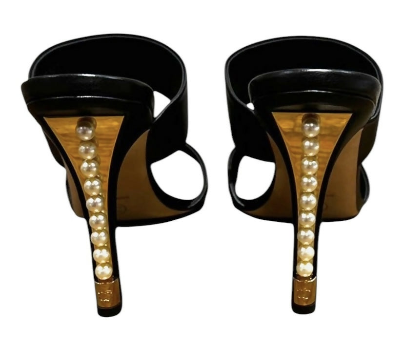 Chanel 17A Black Lambskin Leather Pearl Heel Sandal Mules EU 38.5C