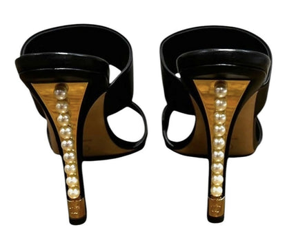 Chanel 17A Black Lambskin Leather Pearl Heel Sandal Mules EU 38.5C