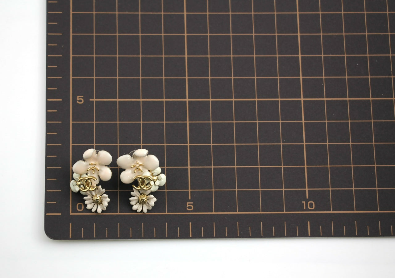 Chanel 10P Enamel Pink Camellia & Chrysanthemum Stud Earrings