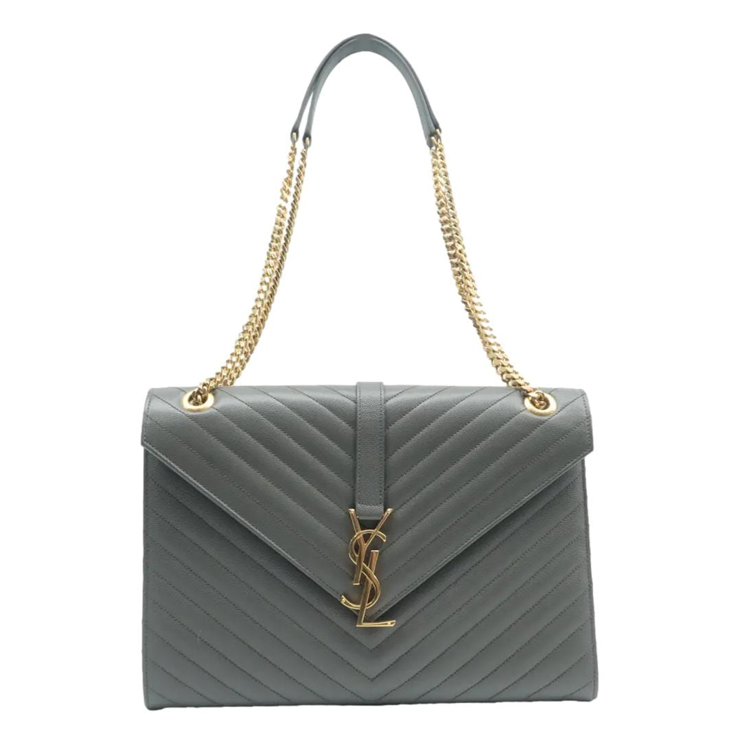 YVES SAINT LAURENT Large Envelope Chevron Leather Shoulder Bag Gray