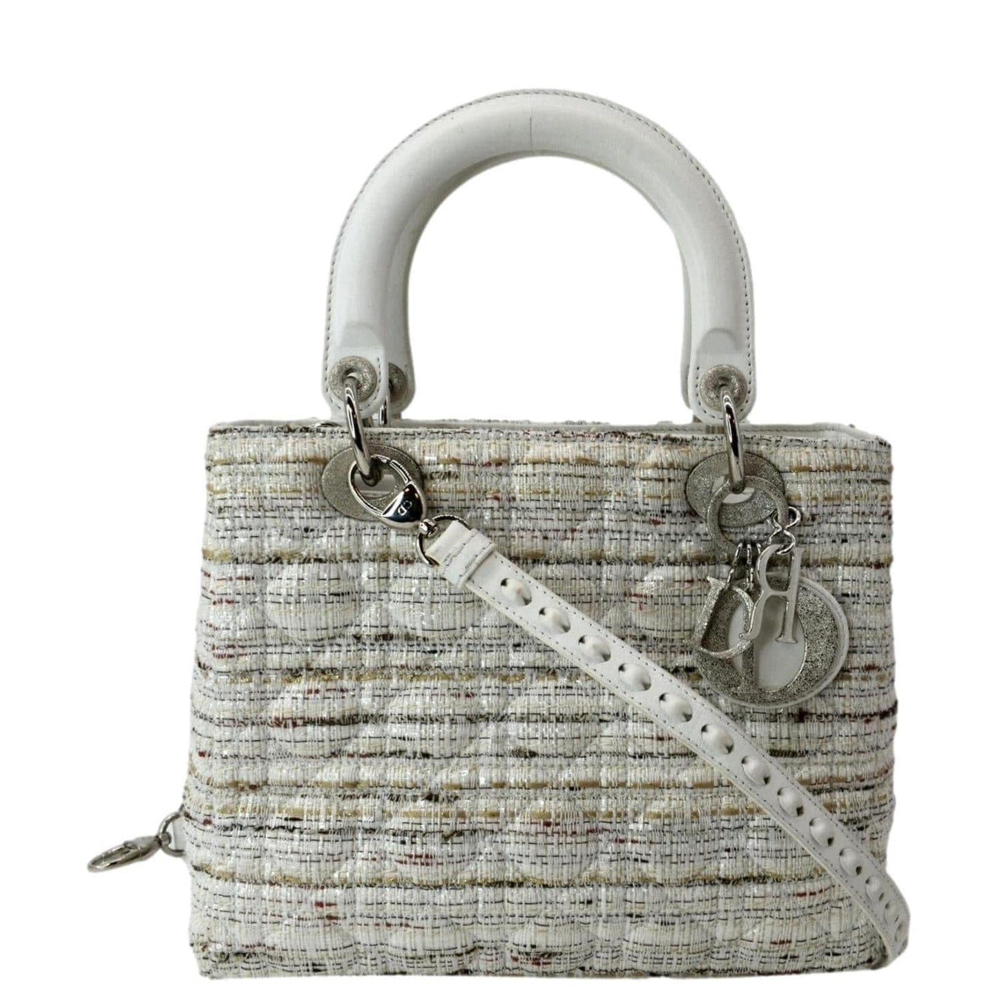 CHRISTIAN DIOR Medium Lady Dior Tweed Leather Shoulder Bag White