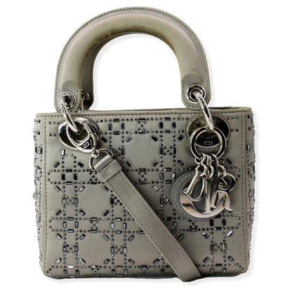 CHRISTIAN DIOR Mini Lady Dior Crystal Embellished Satin Shoulder Bag Gray