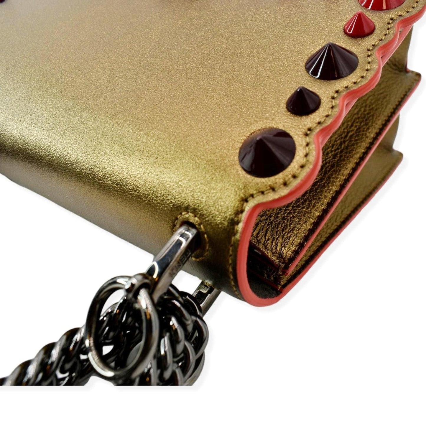 FENDI Kan I Small Studded Metallic Leather Chain Shoulder Bag Gold