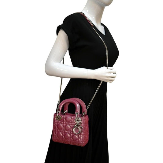 CHRISTIAN DIOR Mini Lady Dior Pearlescent Cannage Lambskin Shoulder Bag Pink