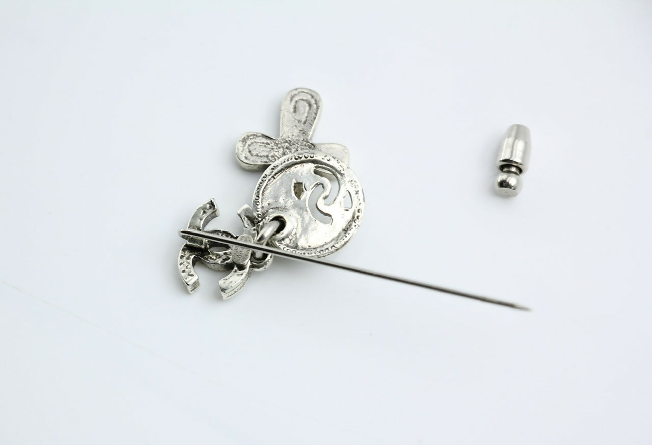 Chanel Vintage 03P Metal Cross Silver Coin CC Brooch