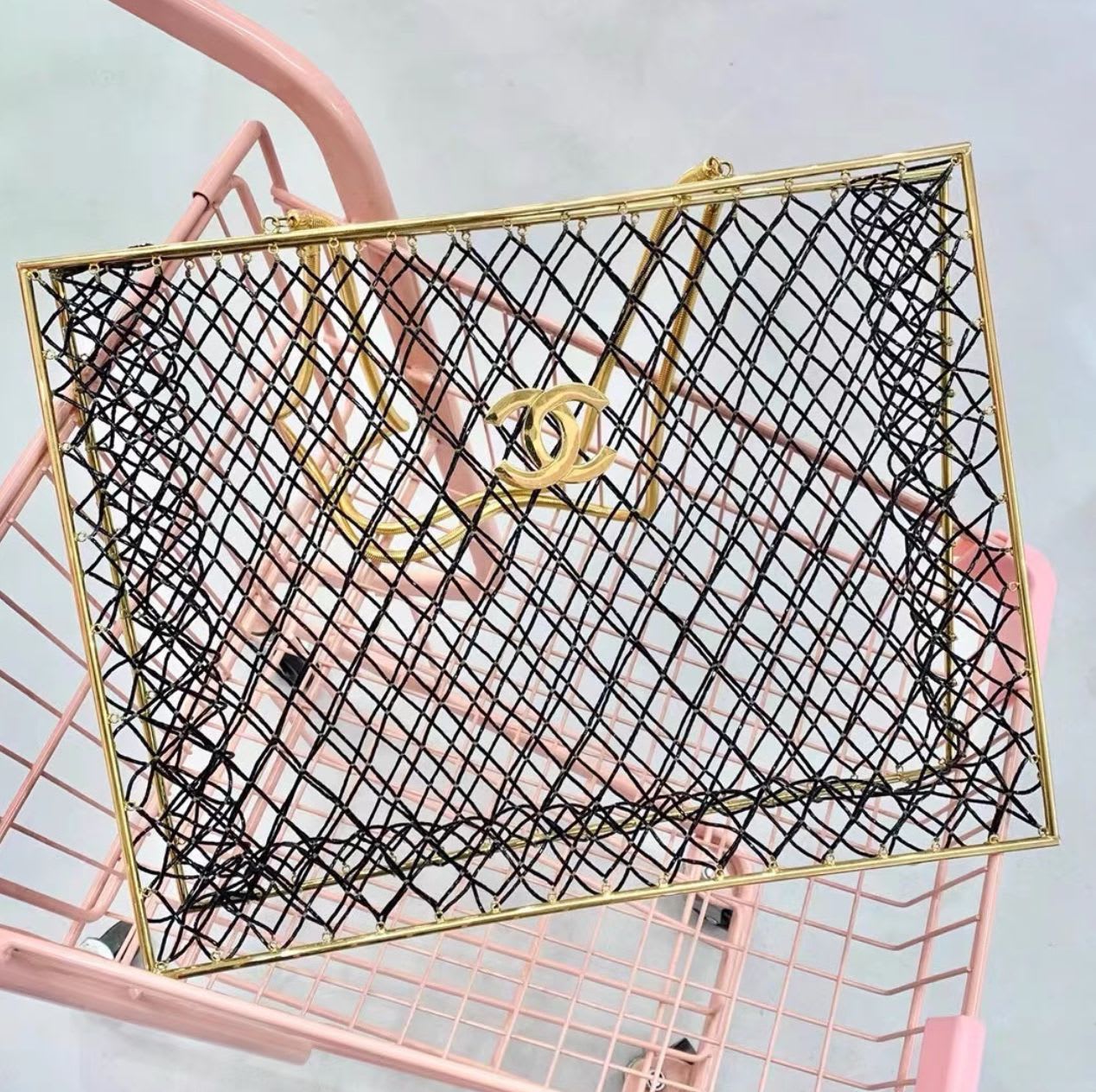 Chanel Rare Spring 1997 Vintage Runway Gold Cage Large Shopping Tote Bag