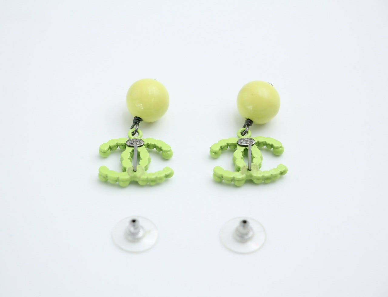 Chanel Vintage 04A Resin Fluorescent Green and Yellow Dangle Stud Earrings