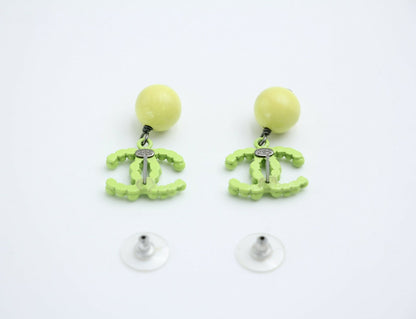Chanel Vintage 04A Resin Fluorescent Green and Yellow Dangle Stud Earrings