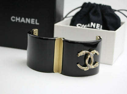Chanel 13C Metal Resin Black Flower Bracelet Cuff