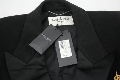 Saint Laurent Black Tuxedo Coat In Grain De Poudre + Saint Laurent YSL Logo Twisted Stripe Texture Brooch
