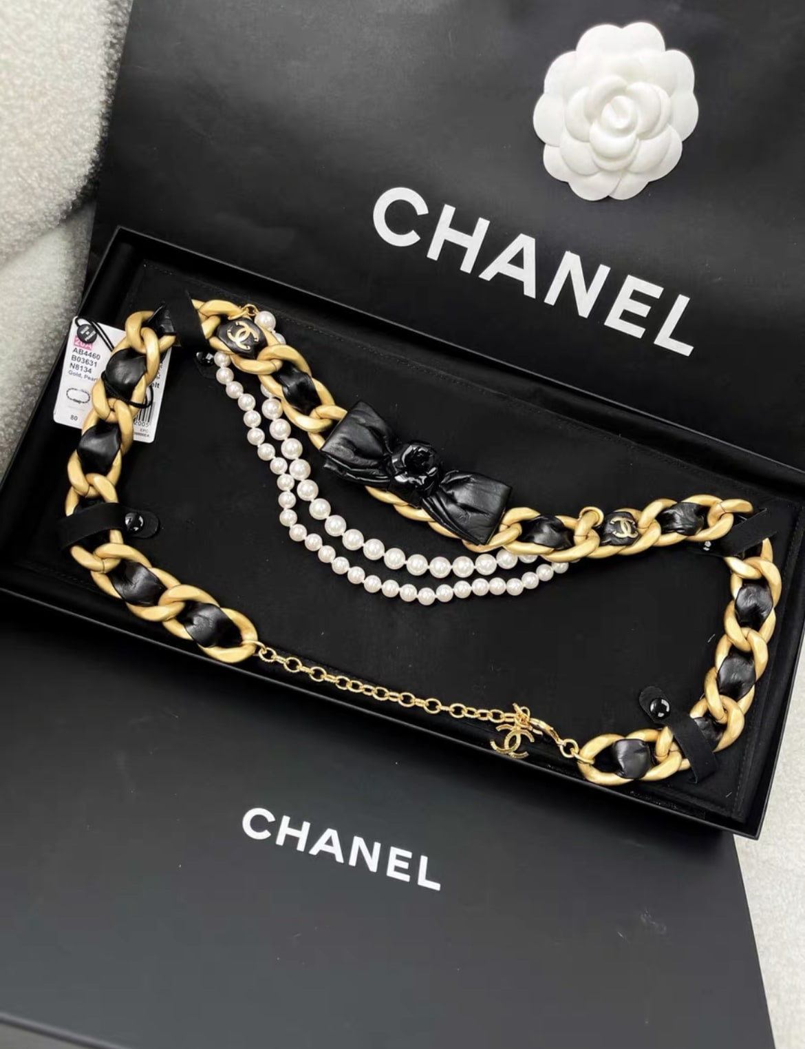 Chanel 20A Gold Leather Chain with Black Bow Pearl Chain Waist Belt